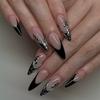 24PCS Metallic Silver Patterns Black French Press On Nails Sweet Cool Long Stiletto Fake Nails for Women Simple Ins Almond Nails