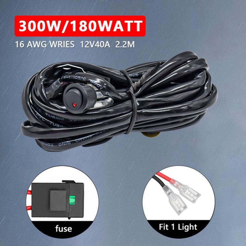 

LED Light Bar Wiring Harness Kit 300W 2 Lead 16 AWG Universal LED Work Light Bar Wiring Harness w/ 12V 40A Relay On & Off Switch