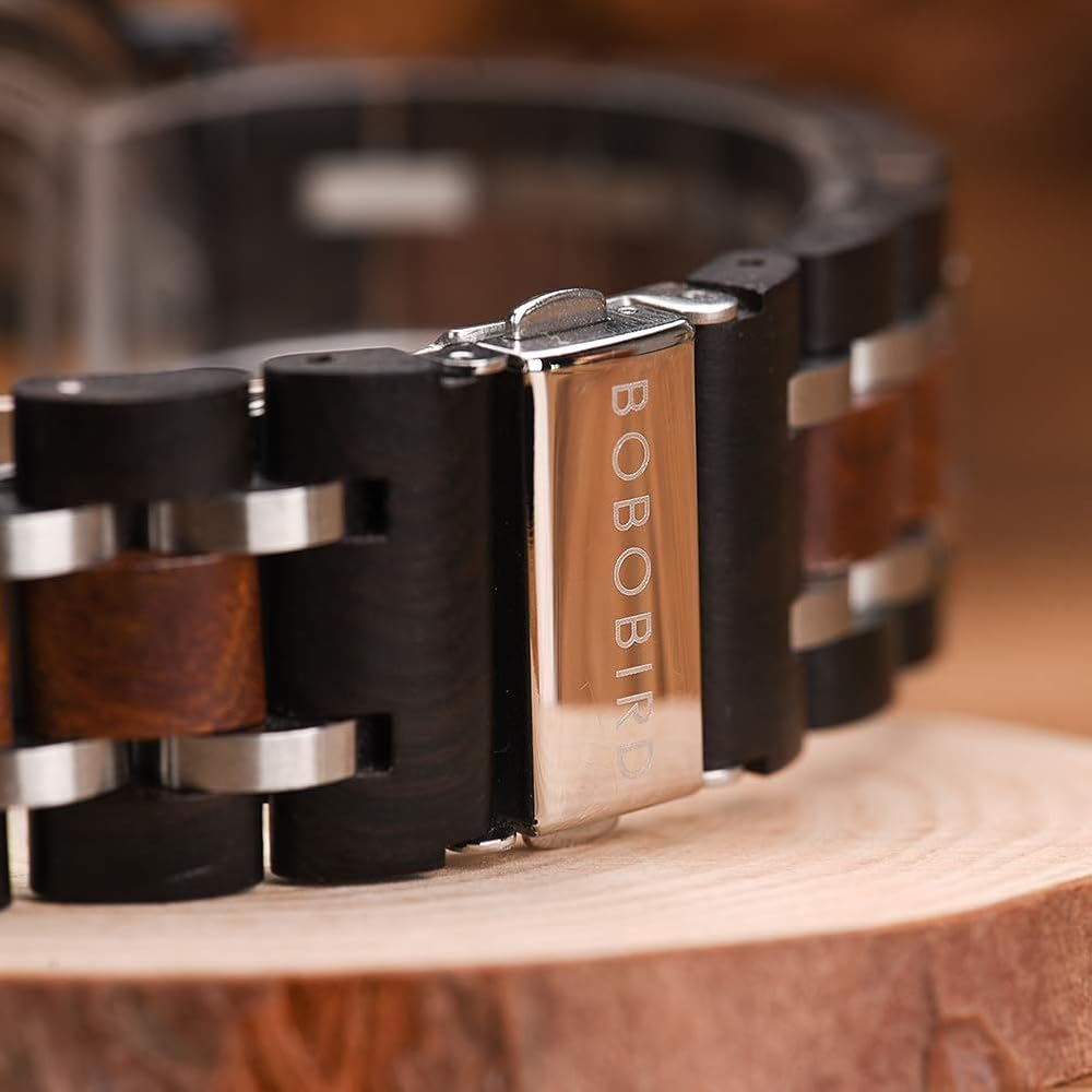 Bobo Bird S18-1 Men's Stylish Wooden Watch Black Stainless Steel Chronograph Luminous Pointer 44mm Fashion Watch