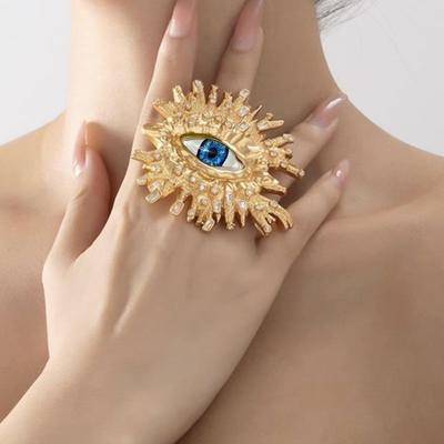 "Exaggerated Retro Devil Eye Earrings & Ring Set with Diamond Thorns"
