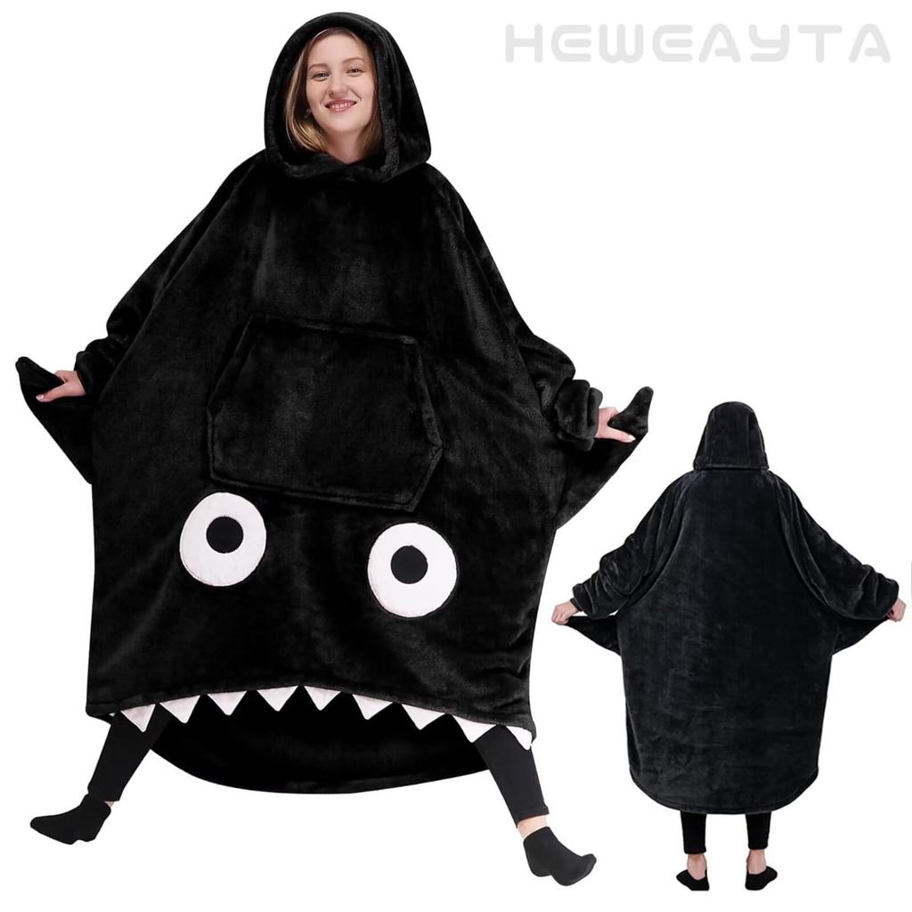 Women's Winter Wearable Blanket - Thick, Hooded, Long Sleeves, Long Length, with Pockets, Fluffy Shark Design, Unisex, Warm (Black, Free Size)