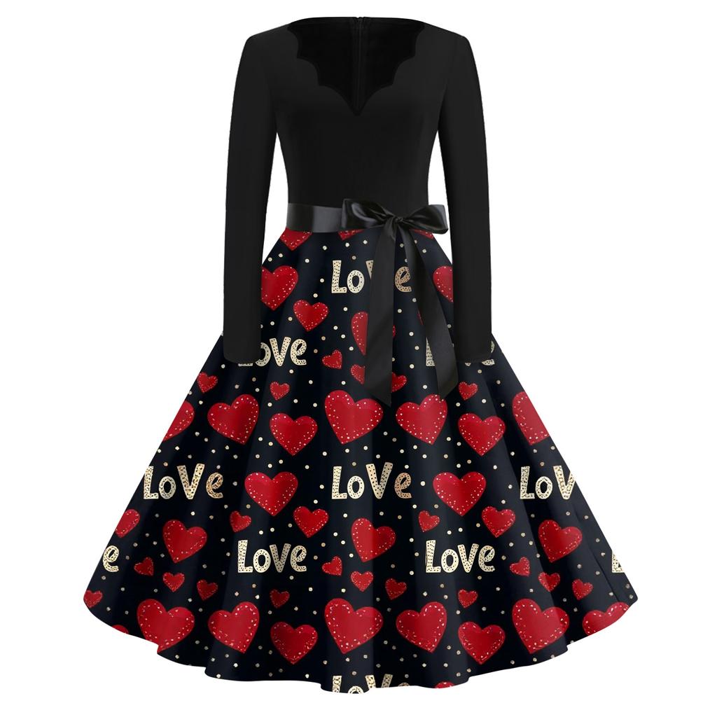 Print Flare Dress For Women Long Sleeve Dress Hollow Party Casual Dresses