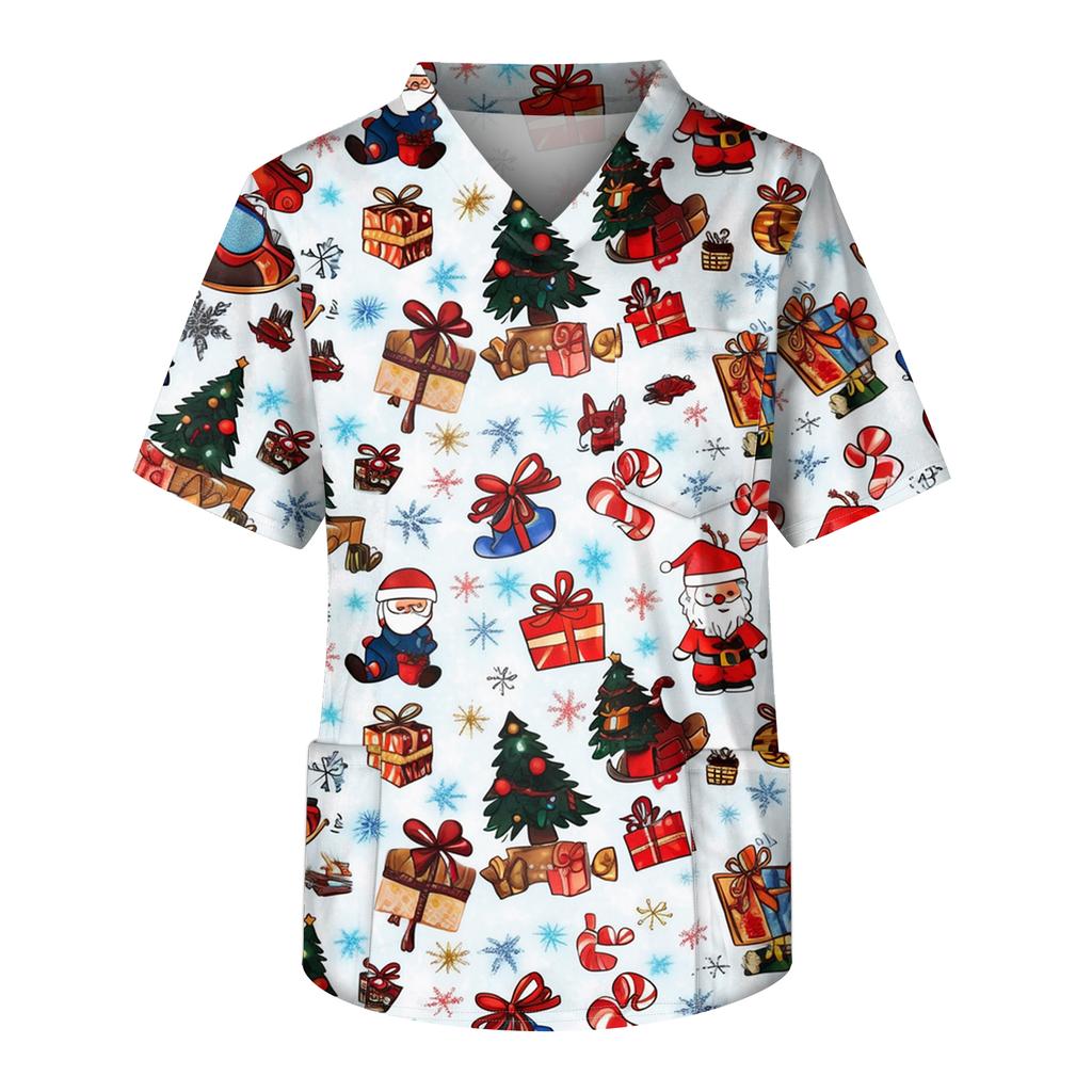 Men's Printing Short Sleeve V-neck Working Blouse Chest Pocket Carer Top