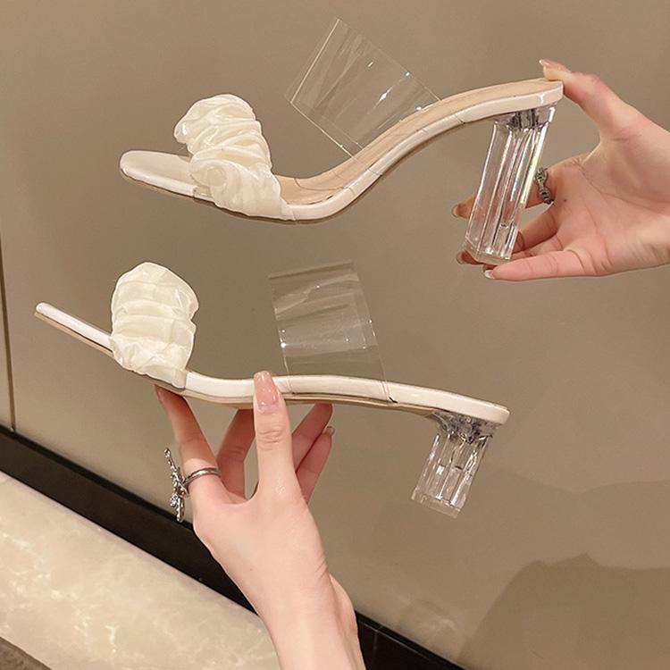 Mules d'été à clip pour femmes, à talons hauts et épais, décontractées, à bout carré, plissées, d'extérieur, à talons en cristal, sandales 5cm 7cm 9cm 34-42