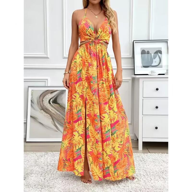

European American Women s Dress Floral Backless Side Split Flower Suspender French Print Long M оранжевый