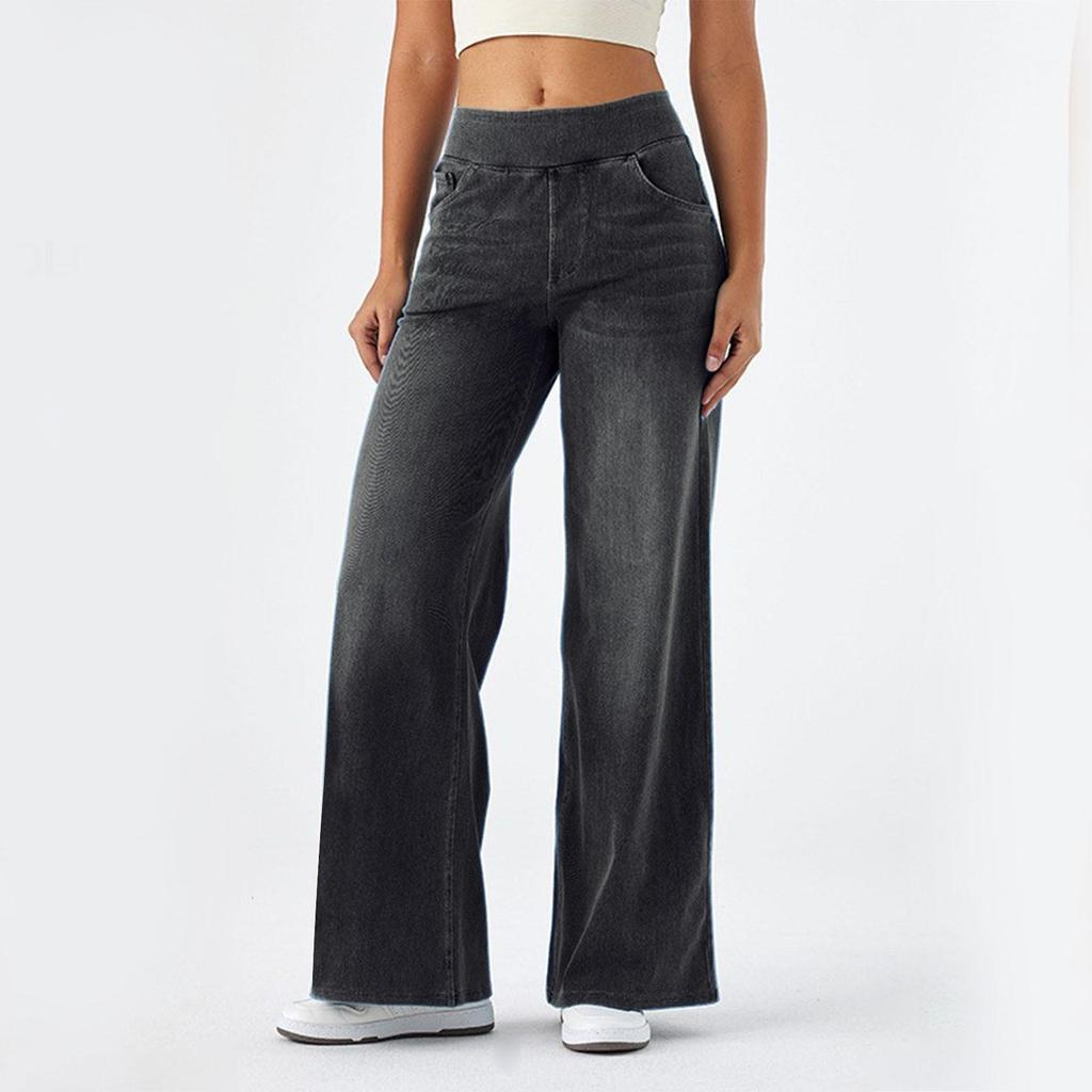 Baggy Ladies Wide Leg Trousers with Elastic Waistband High Waist Stretch Vertical Tube Trousers Stylish Womens' Multi-pocket Straight Loose Jeans