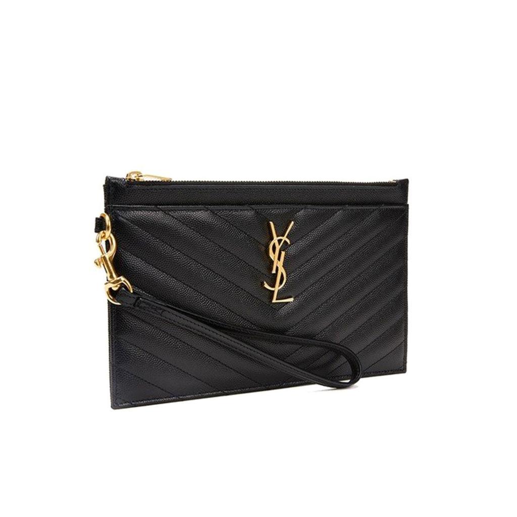 Saint Laurent Ysl Cassandre Körniges Gold Logo Leder Clutch Damen Clutch Schwarz 636313-BOW01-1000