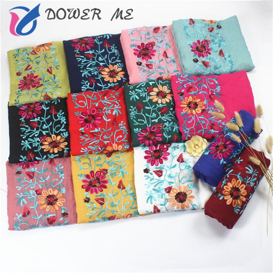 Autumn Fashion Embroider Viscose Scarf Women Plain Stitch Cotton Scarves Shawl Navy Blue Flower Sjaal Muslim Hijab Foulards