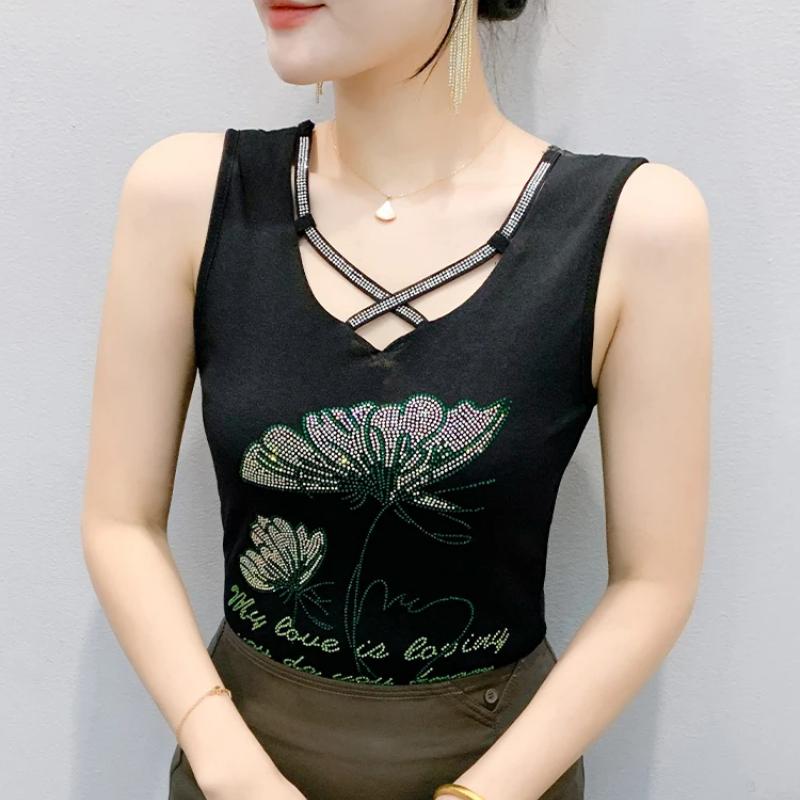 New Summer European Rhinestone Flower Clothes Women's Sleeveless T-shirt Elegant Chic Hot Diamonds Tees Sexy Girls Slim Streetwear Flower Tank Top