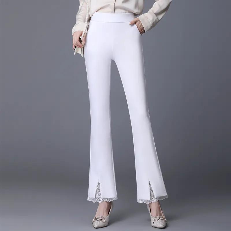 

Woman Spring Autumn Thin Splicing Lace Trousers Lady Pocket High Waist Elastic Female Flare Pants 2XL білий
