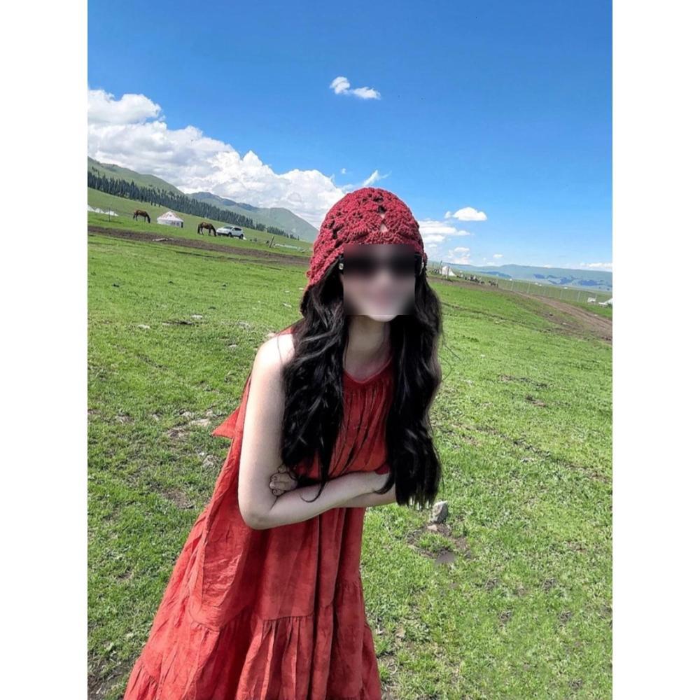 Xinjiang Western Sichuan Skirt Red Sleeveless Halterneck Dress Women's Summer Resort Style Loose Long Skirt