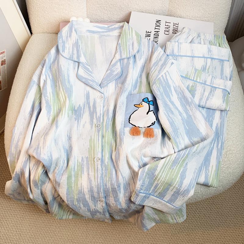 Pyjama Damen Frühling und Herbst Ente Neu Herbst Wolkenbaumwolle Langarm Hose Student Loungewear Set Echte Aufnahme