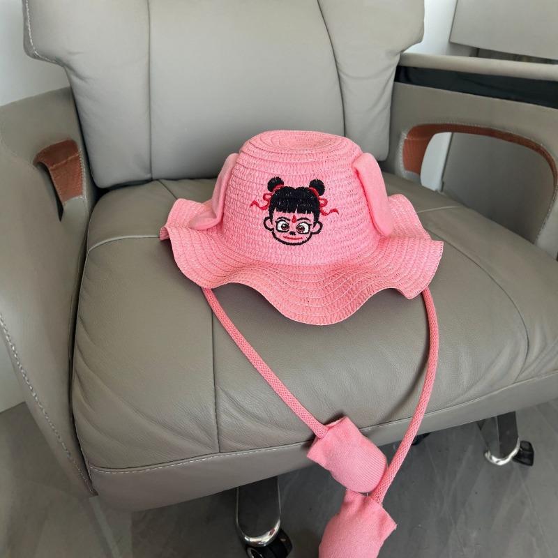 Moving Rabbit Ears Straw Hat Cute Cartoon Children's Hat Summer Outing Visor Fisherman Hat