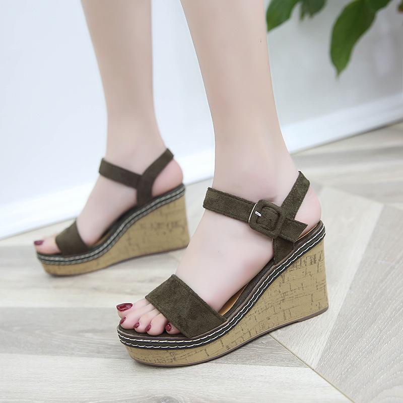 Summer new high-heeled sandals open-toe sexy suede waterproof table thick-soled wedge heel one-word buckle