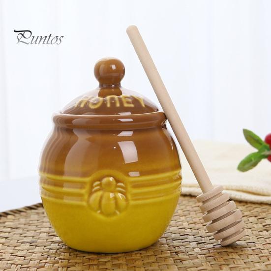 350ml Ceramic Honey Jar Farmhouse Honey Pot with Wood Honey Dipper Stick Retro Honey Dispenser Kitchen Decor for Mother's Day Wife Gift