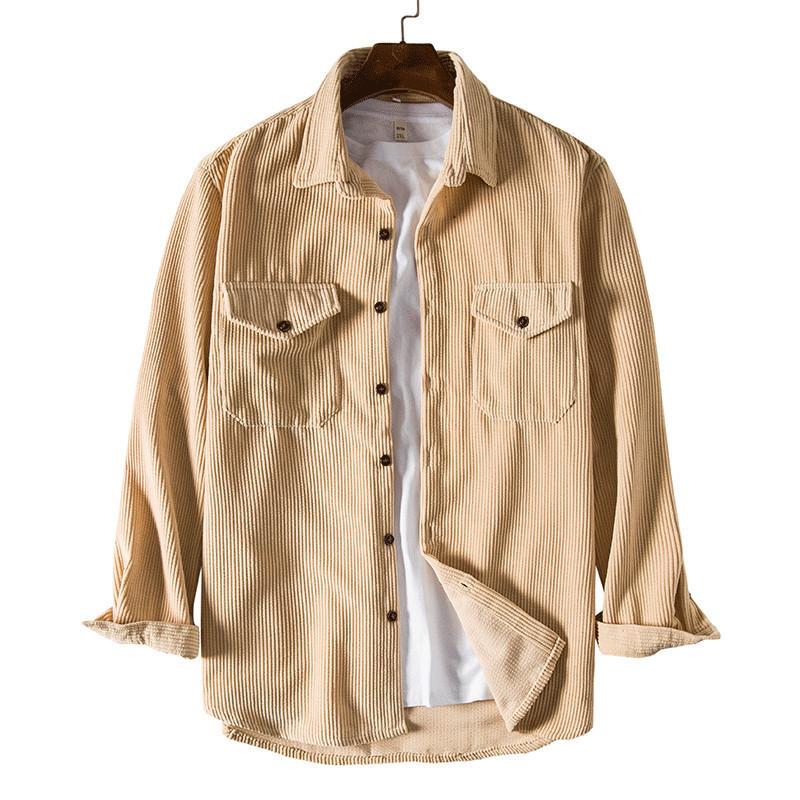 Мужская вельветовая рубашка с длинным рукавом, плотная, с двойными карманами S хаки