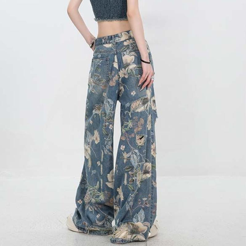 Stylish American - Inspired Jeans for Women In Summer: Thin Vintage - Printed Ripped Wide - Legged Floor - Length Loose - Fitting and Slimming