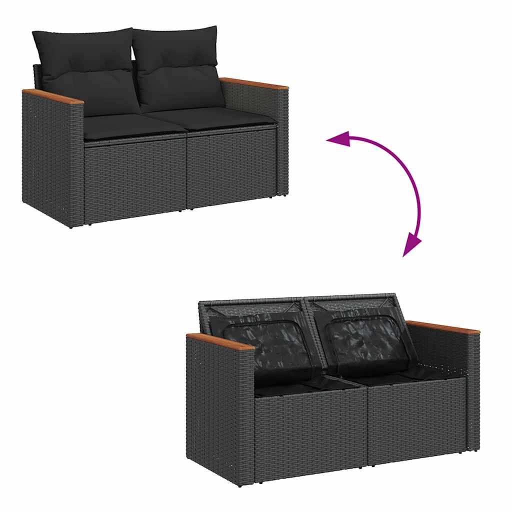 5 Piece Garden Sofa Set with Cushions Black Poly Rattan & Acacia