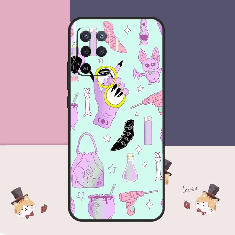 Girly Pastel Witch Goth Pattern Case For Oppo A38 A58 A78 A98 A54 A74 A94 A18 A57 A17 A77 A80 A60 A40 A96 A76 A16 A15 A5 Pro