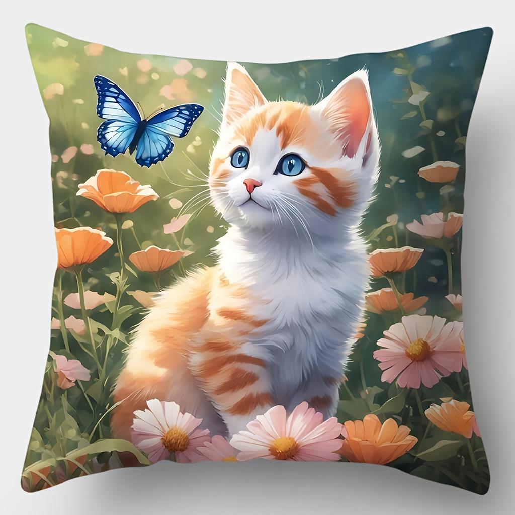 4-Pack 17.7x17.7 Inch Contemporary Cute Cat Floral Print Throw Pillow Covers, Decorative Cushion Covers for Home Sofa Bed(Pillow Inserts Not Included)