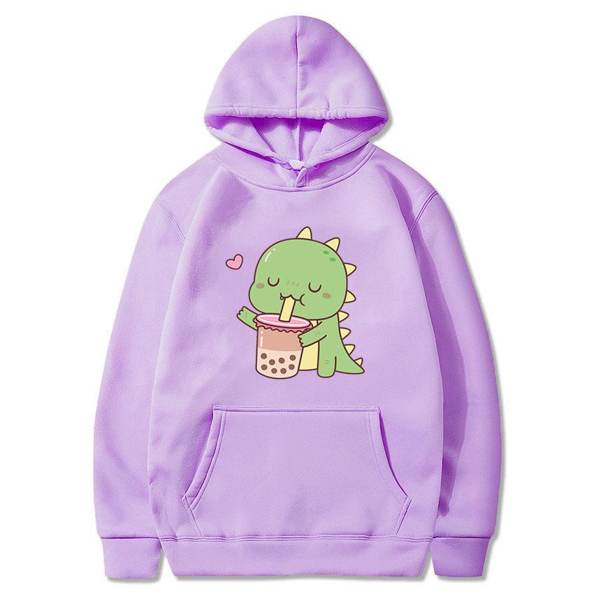 Bubble Tea Kawaii Dinosaur Print Hoodies 2021 Woman Man Autumn Hooded Clothes Milk Tea Pullover Female Hip Hop Casual Streetwear