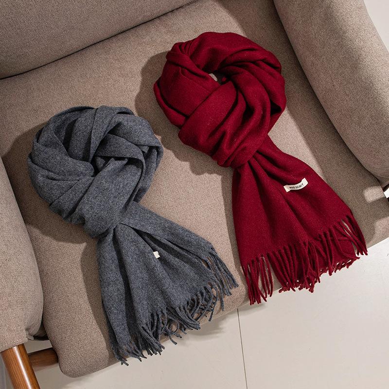 Solid Color Wool Scarf Women's Winter Wool Shawl High End Couple Style Tassel Scarf
