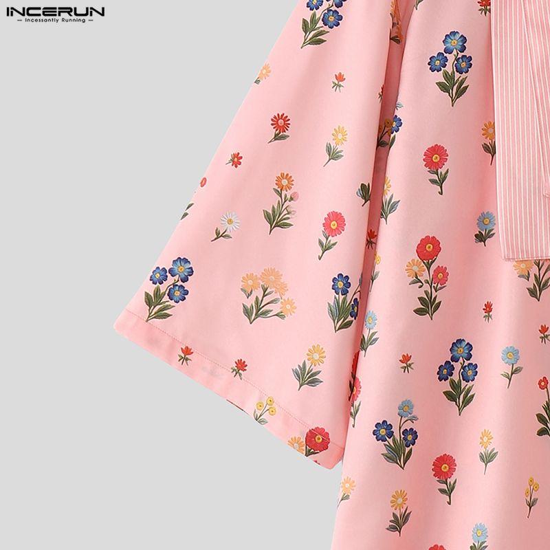 INCERUN Men Lapel Neck Short Sleeve Floral Print Striped Patchwork Casual Summer Shirts Tops