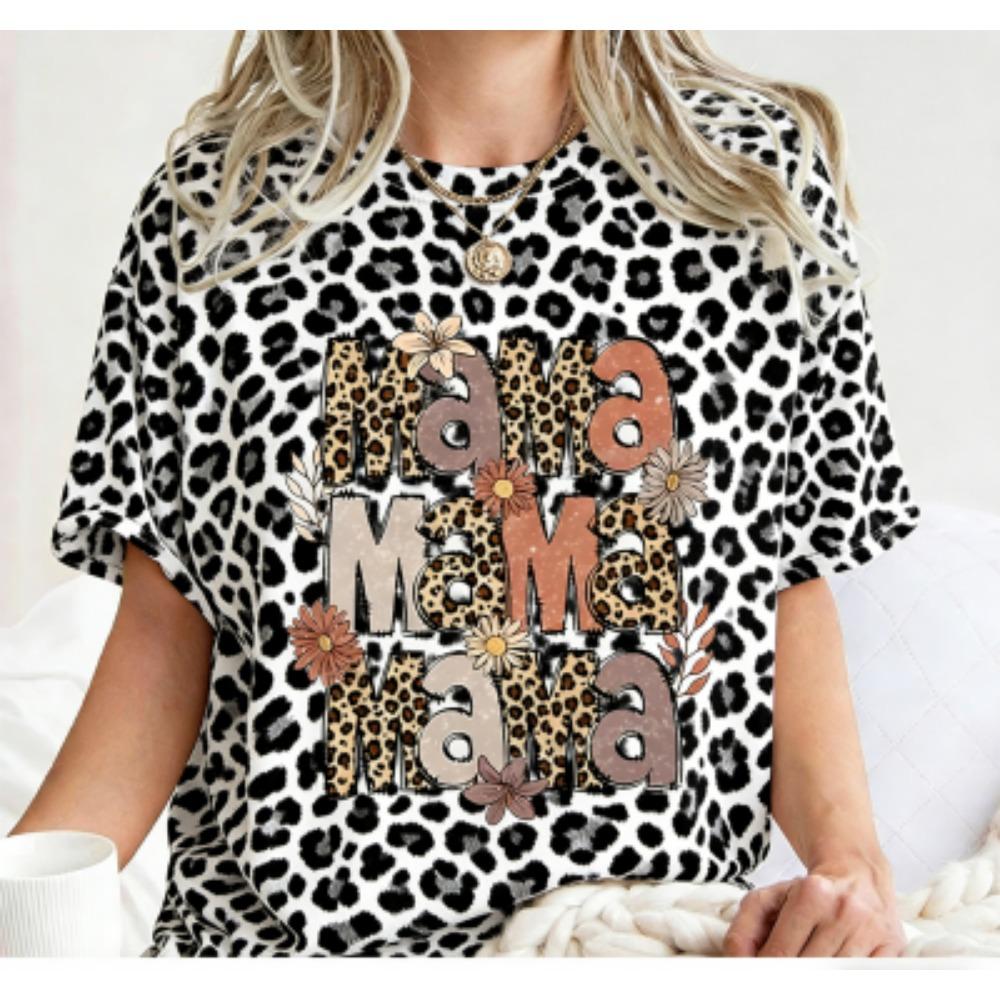 Funny Colorful Leopard Mama Print Women's Short Sleeves T-Shirt Loose Casual Summer Outdoor Street Women's Tees Tops