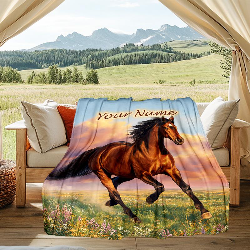 1PC Custom Name Horse Freedom Nature Outdooor Flannel Blankets Patterns Throw Blanket All-Season Soft Gift for Couch, Bed, Camping Gifts
