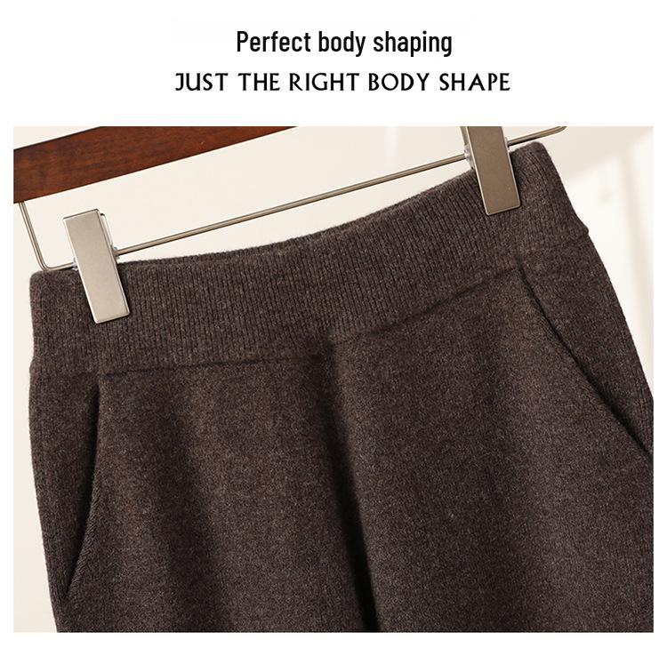 Dámské podzimní/zimní splývavé pletené kalhoty s vysokým pasem a širokými nohavicemi ze 100% vlny – Měkké, všestranné, ležérní, až na zem