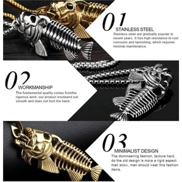 Fish Bone Fish Skeleton Pendant Surfer Chain Necklace Gold Black Unisex Jewellery