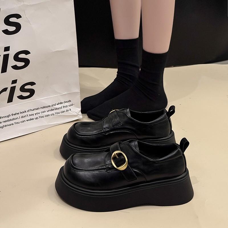New one-pedal black fashion versatile autumn platform thick heel small leather shoes women