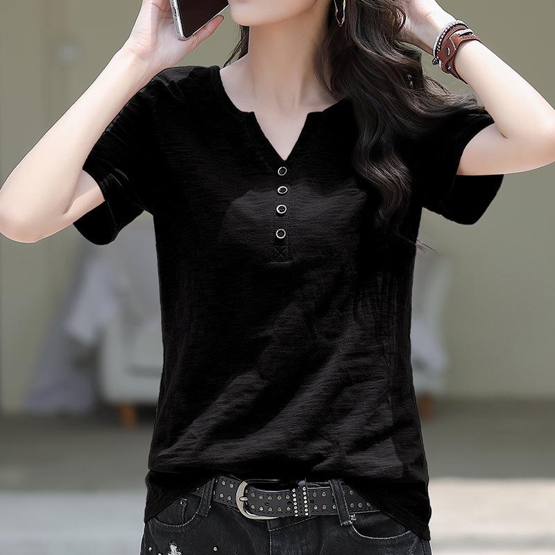 

Korean Style Loose Casual Button Decor Tops Summer Solid V-Neck Short Sleeve Women s T-Shirt XS чёрный