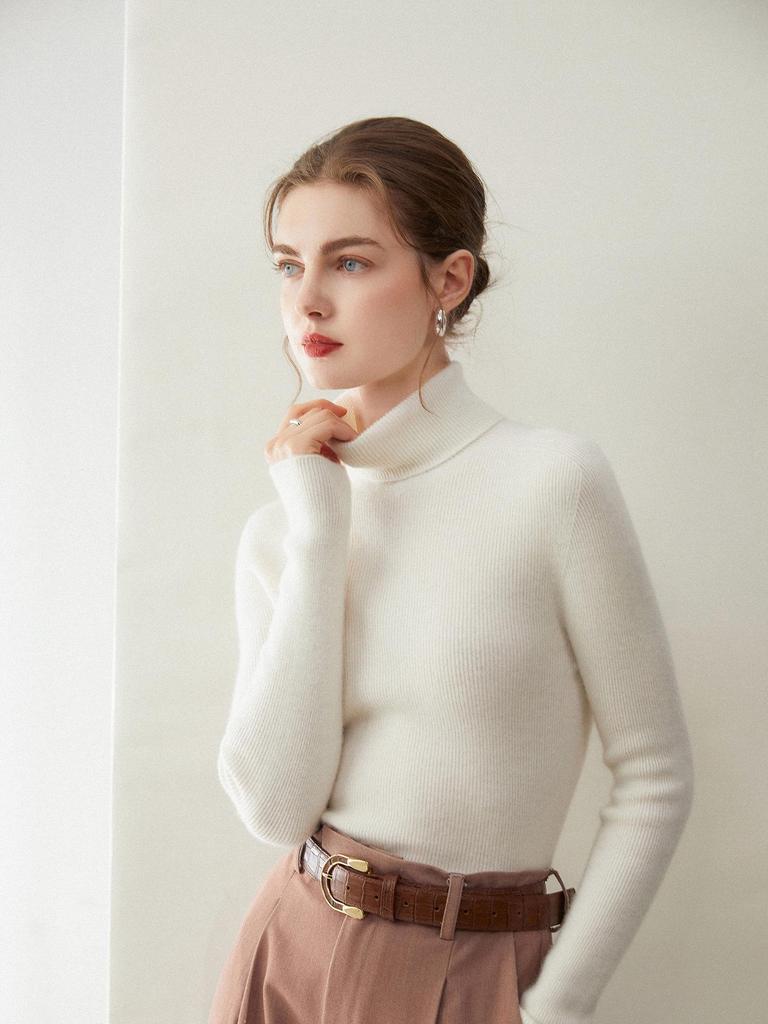 100% Pure Cashmere Women's High Neck Slim-Fit Sweater Base Layer Top