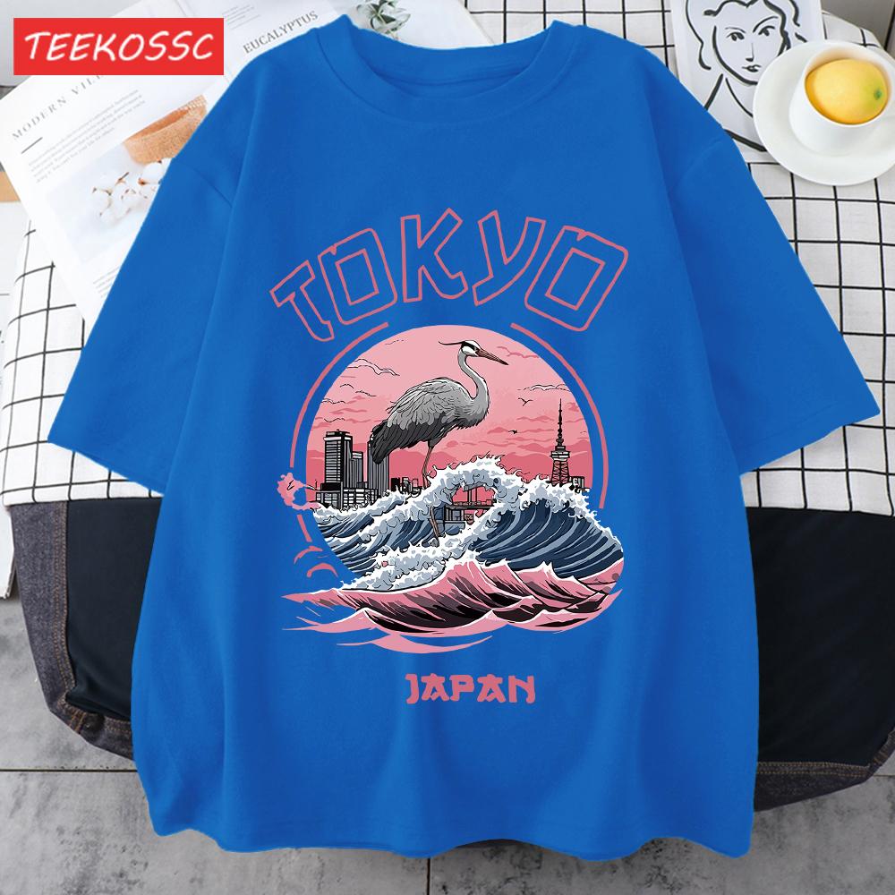 Tokyo Japan Harajuku Crane Waves Men TShirt AllMatch Casual Short Sleeve Cotton Summer Tee Male Hip Hop ONeck Streetwear