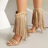 Women's Fringe Sandals Summer Mid Calf Boots Stiletto Rivets Decor Sexy Thin High Heels Shoes