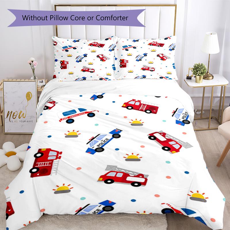 3pcs fire trucks police cars Bedding Set Duvet Cover Closure Includes 1 Duvet Cover & 2 Pillowcases, Soft and Comfortable for All Seasons.