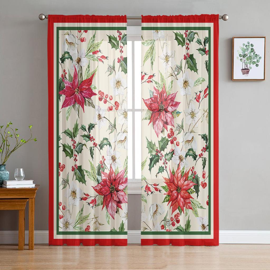 Christmas Fir Tree Robin Poinsettia Winter Tulle Window Curtain Voile Organza Valance Living Room Bedroom Decor Sheer Curtains