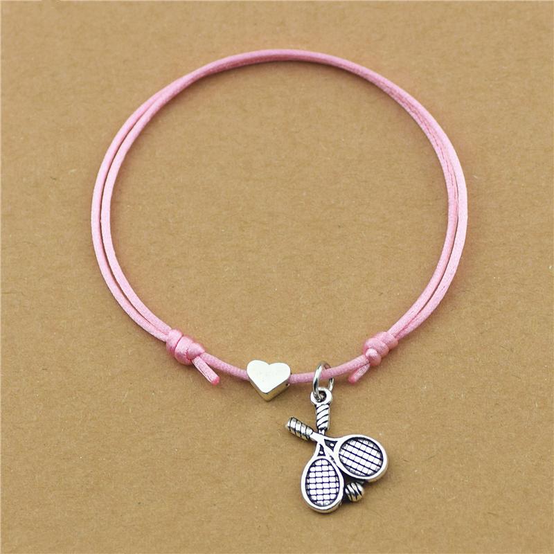 New Sports Theme Double Tennis Racket Charm Bracelets Adjustable Love Heart Red Cord Black Rope Bangles Tennis Team Gifts