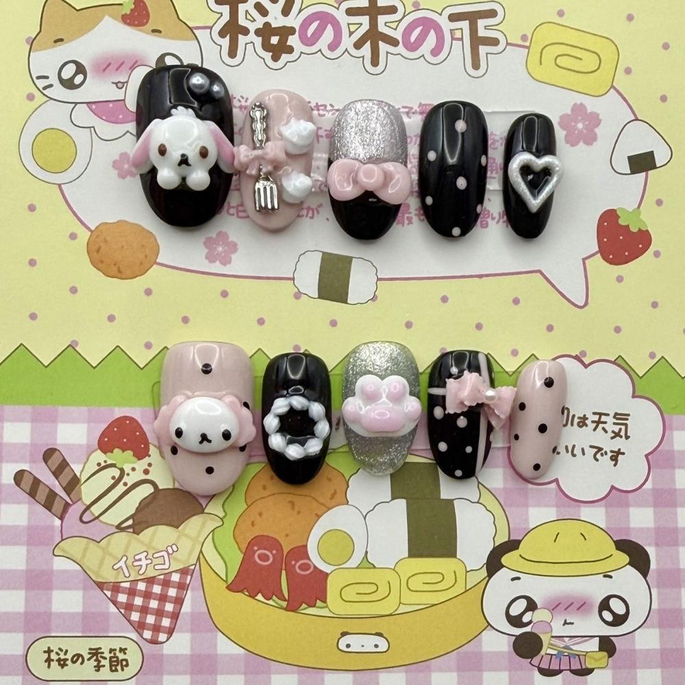 10Pcs Kawaii 3D Cartoon Rabbit Bear Handmade Almond Press On Nails With Dessert Chocolate Cream Cake Bowknot Pearl Stars