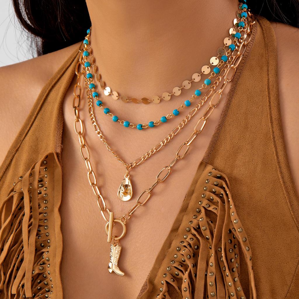 3Pcs/Set Vintage Hat Cowboy Boot Pendant Necklace for Women Bohemian Blue Stone Beads Chain Choker Daily Jewelry Y2K Accessories