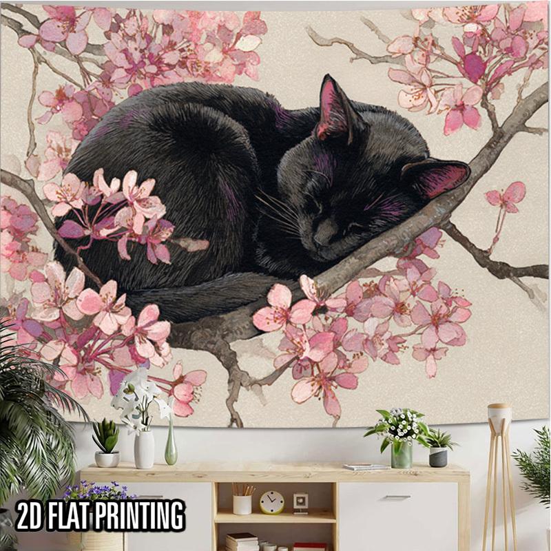 2D Flat - 2D Flat - 2D Flat Print 1pc Tapestry Black Cat on Cherry Blossom Branch Wall Hanging for Living Room, Bedroom, Office, Party Decor, Ideal Cr
