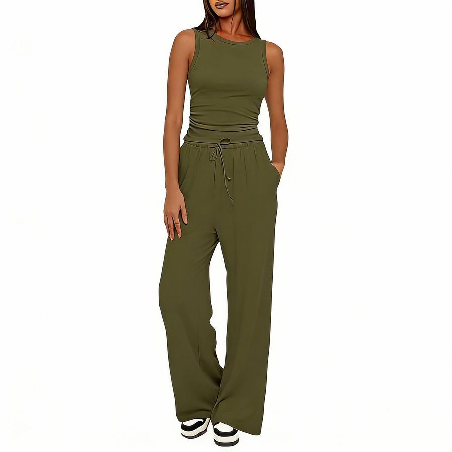 New Sleeveless Round Neck Ruffled Back Vest High Waist Fashion Wide Leg Pants