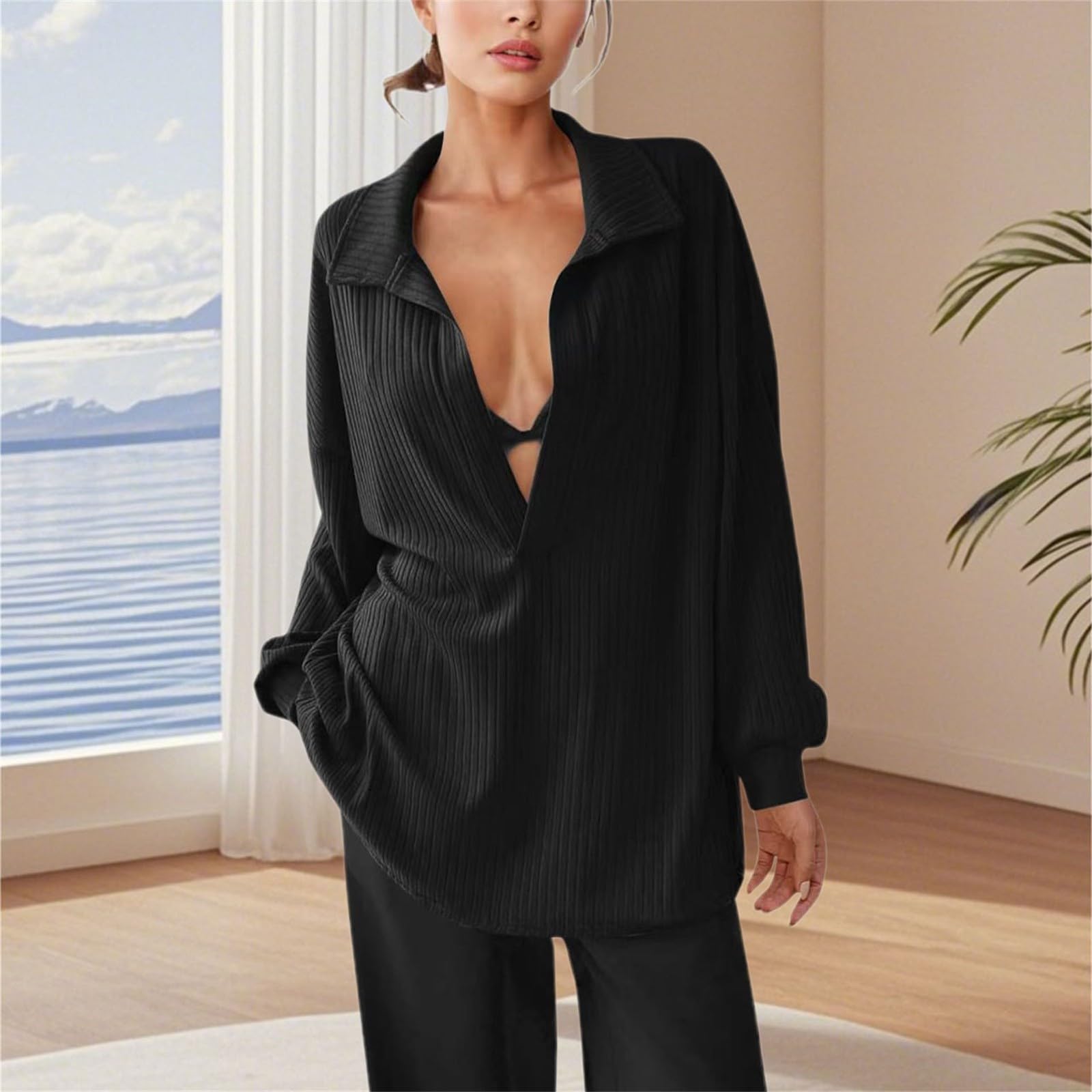 

Женская модная футболка свободного кроя с круглым вырезом и длинными рукавами, однотонная XL чёрный