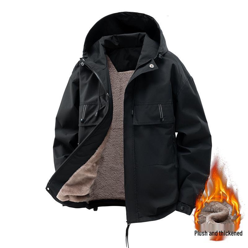 High-Quality Men's Hooded Workwear Jacket - Unisex Solid Color, Plus Velvet for Autumn & Winter