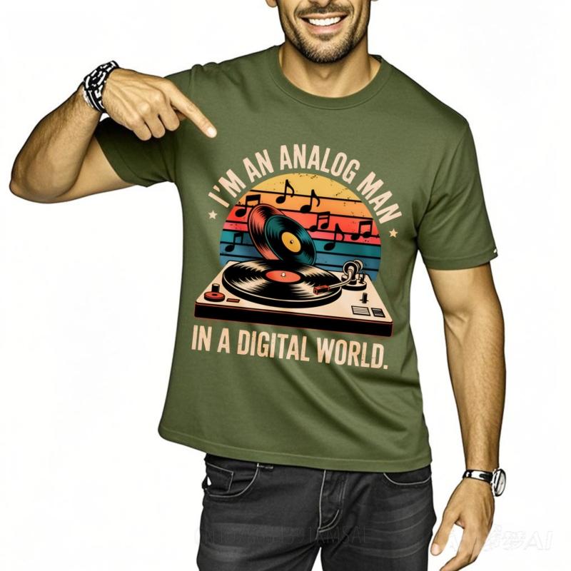 Adult Men O Neck tshirt Brand Analog Man In Digital World Vinyl Record Turntable Music Notes Sunset Background Minimalist