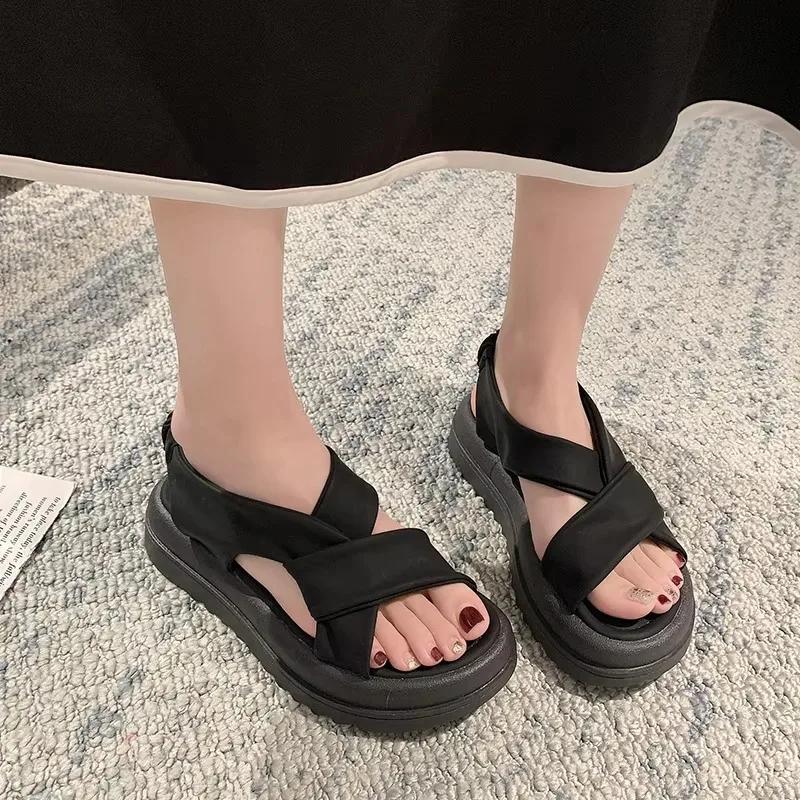 Fashion Women's Sandals Casual 2025 Summer Straight Buckle Open Toe Rubber Sole PU Solid Beach Fashion Sandals Women Sandalias Mujer