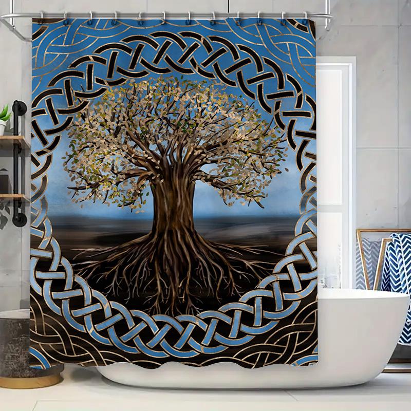 

Unique Celtic Tree Shower Curtain 180 X 175Cm Waterproof Bath Decor In Gold Blue For Bathroom Aesthetic Home Decoration Artistic W60H190(CM)-1 Pcs