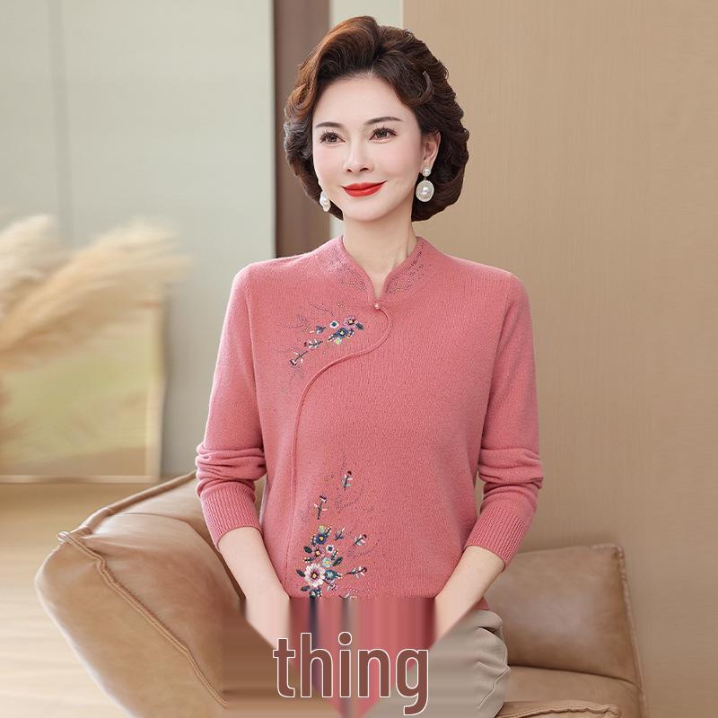 100% Pure Wool Autumn Winter Sweater for Moms - Stylish Qipao Collar Knitwear for Middle-Aged and Elderly Women.