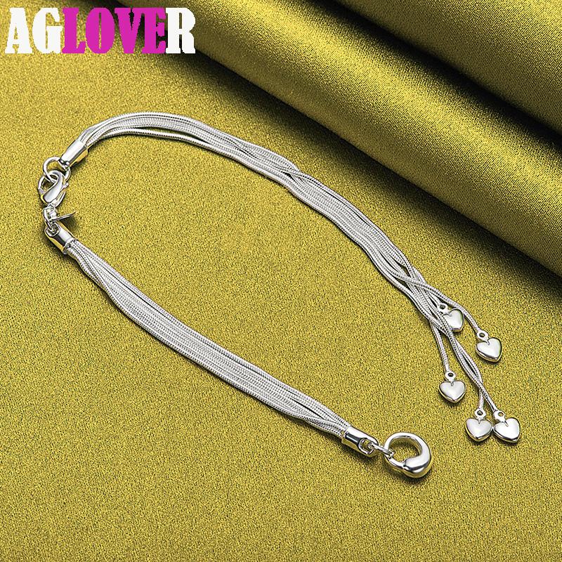 925 Sterling Silver Tassel Love Five Heart Snake Chain Bracelet Jewelry
